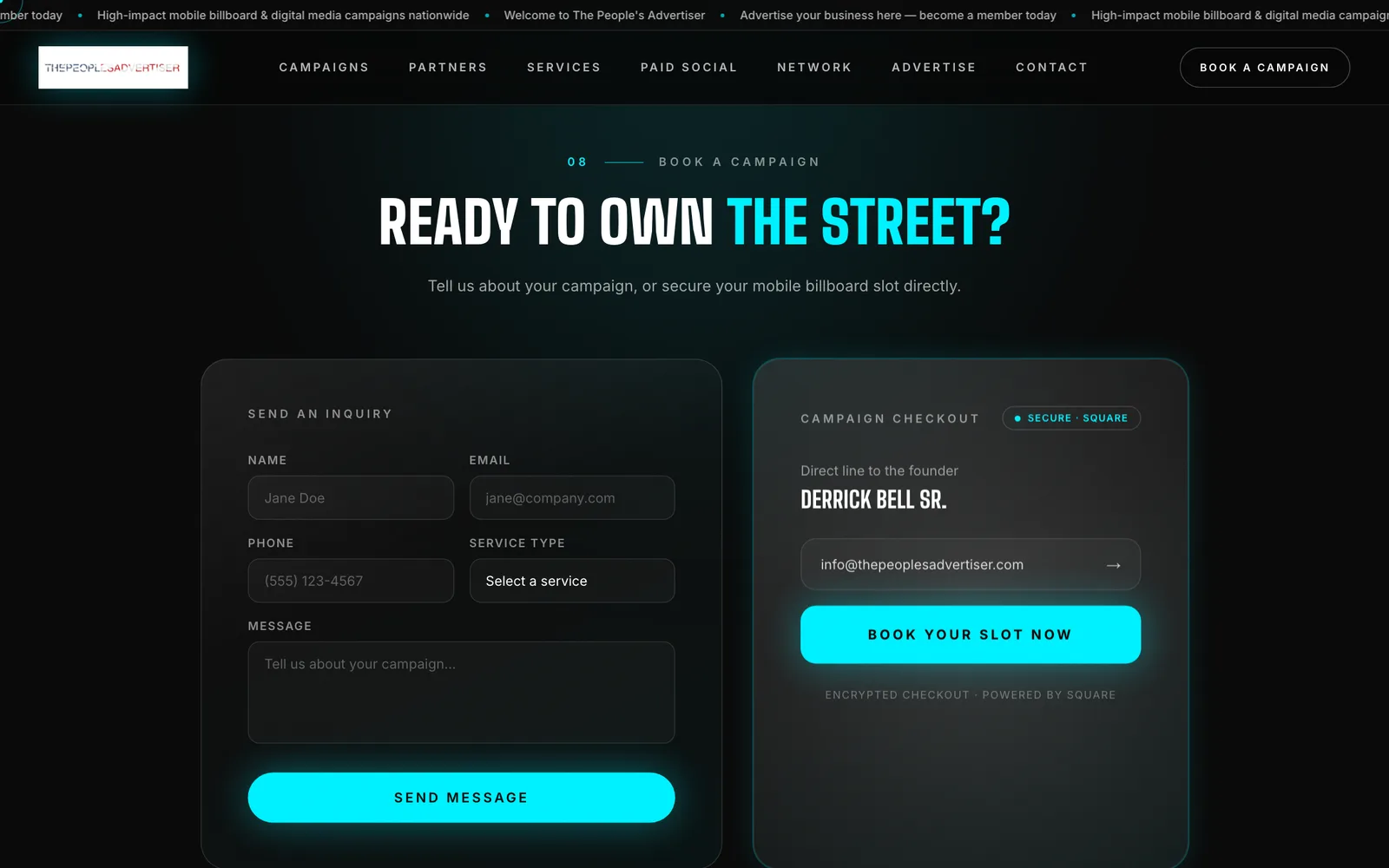 Inquiry form beside a campaign checkout panel with a “Book your slot now” button, powered by Square.