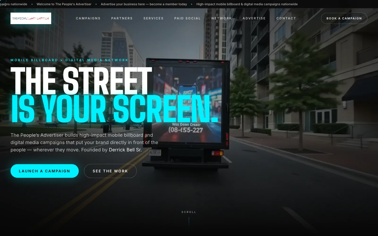 The People’s Advertiser home page: a mobile billboard truck on a city street under the headline “The street is your screen.”
