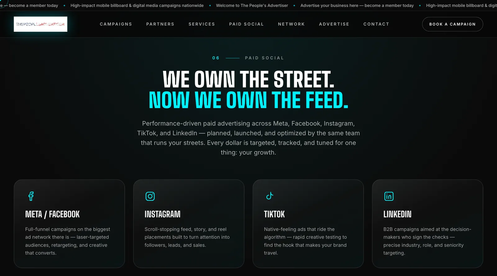 Paid social section with cards for Meta, Instagram, TikTok and LinkedIn.