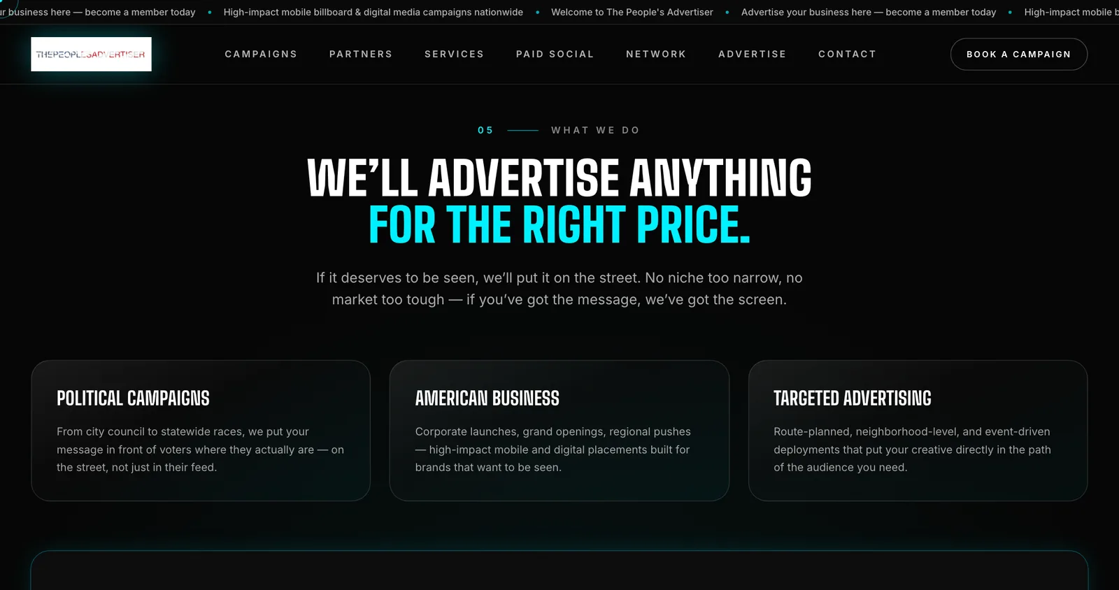 Services section: political campaigns, American business and targeted advertising.