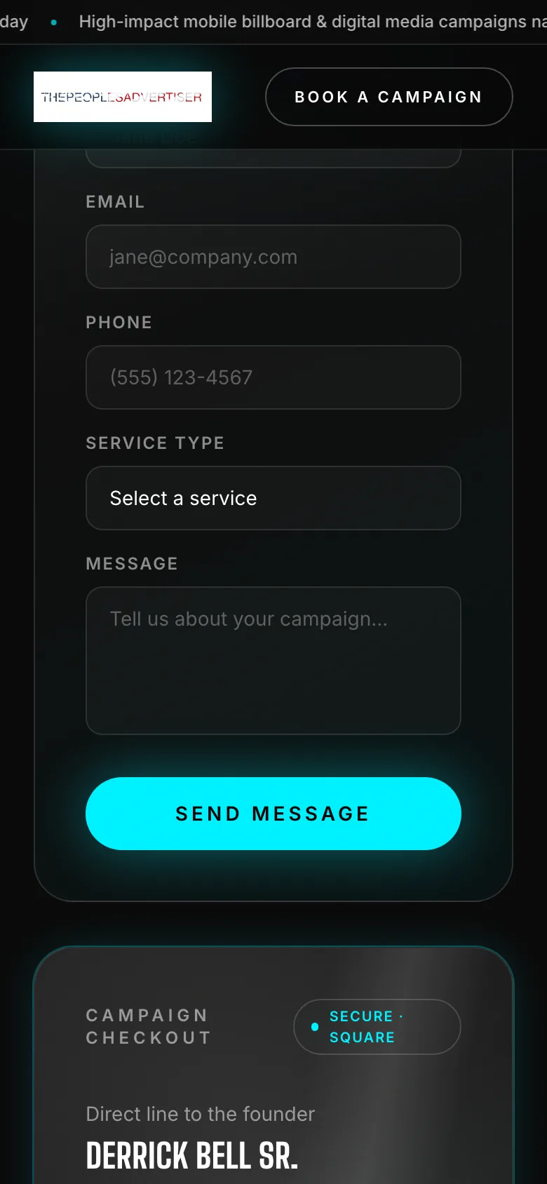 Inquiry form with service-type selector on a phone.