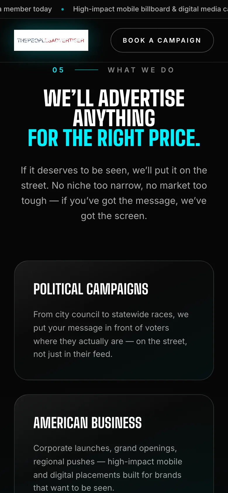 Services section on a phone listing political campaigns and American business.